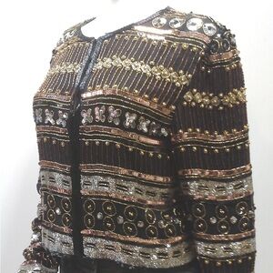 Vintage Beaded Silk Blazer Black Gold Size Small